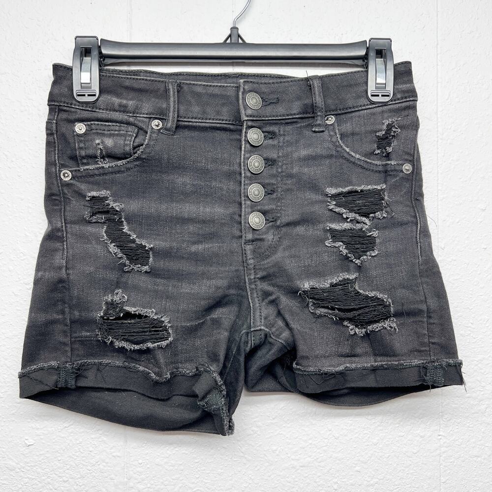 American Eagle Button Fly Dark Wash Shorts Women 0 Next Level Stretch Distressed